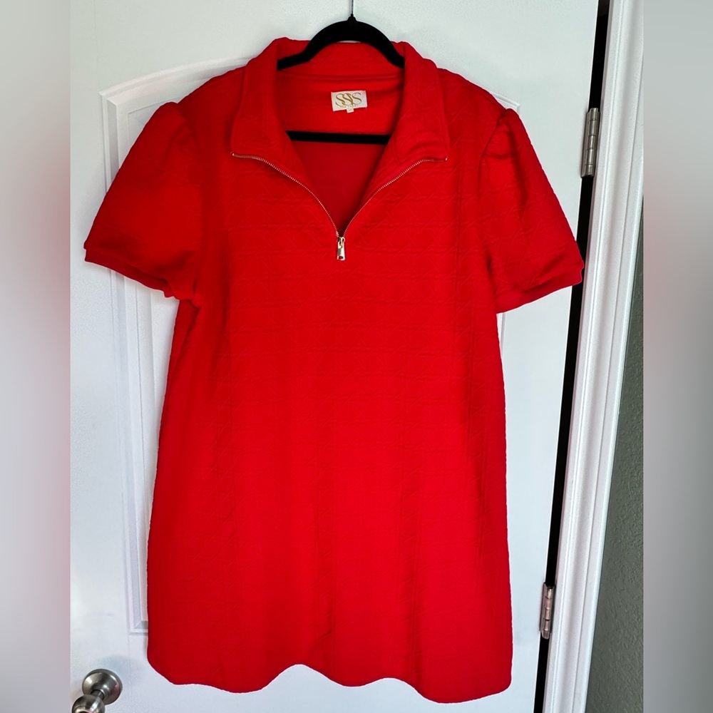 SSYS The Label Red Textured Dress XXL – Zip Neck Short Sleeve midi Dress
